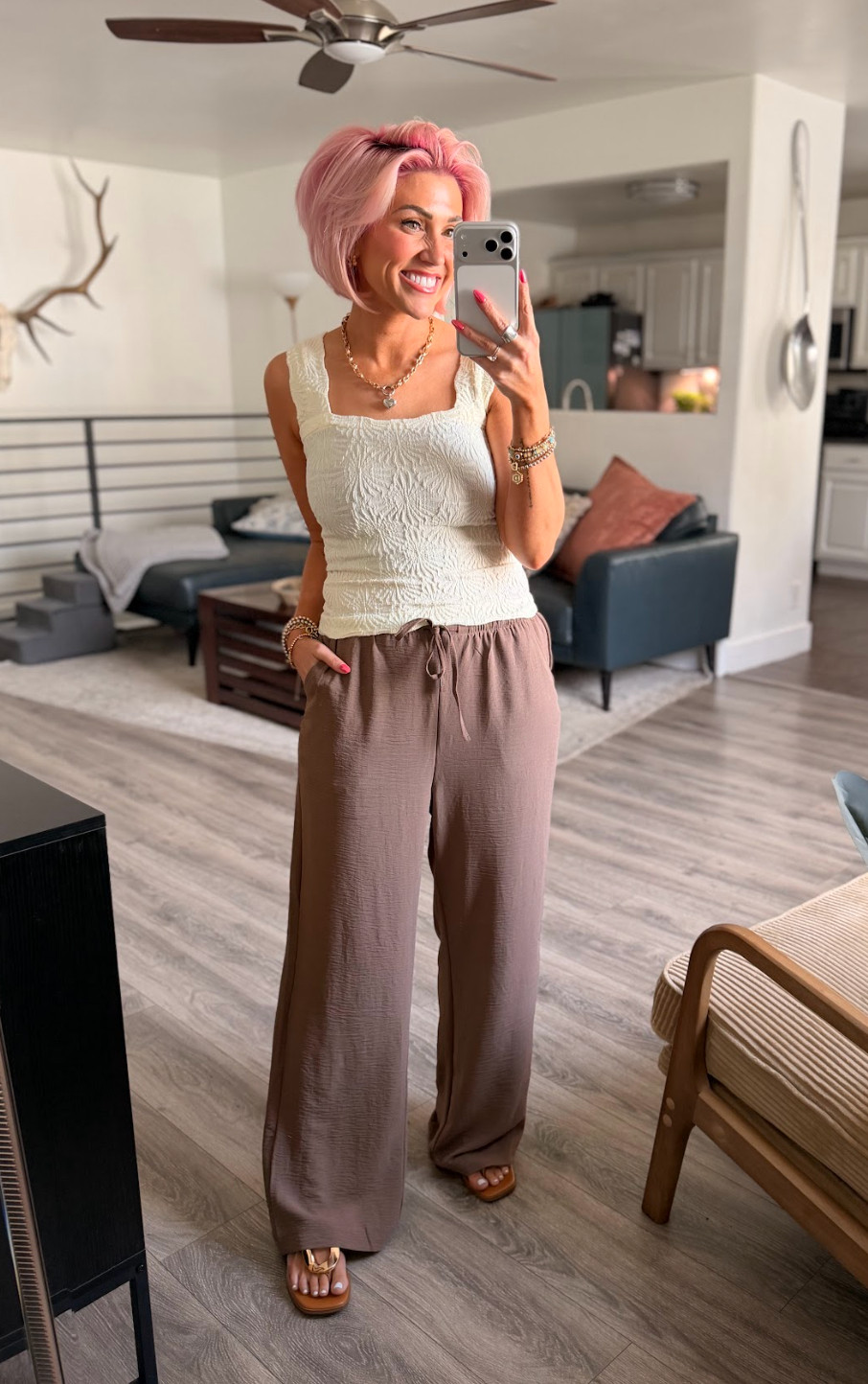 Loving this stylish top and pants combo!  Top: Small // Pants: Medium // Shoes: TTS 

 #LTKootd #LTKOver40 #LTKSaleAlert