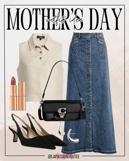 Effortlessly chic for Mother's Day: Combine a sleeveless linen crop top with a denim maxi skirt. Complete the look with a swipe of lipstick, subtle droplet stud earrings, a stylish shoulder bag, and classy slingback pumps. Celebrate in style with this timeless ensemble that's both comfortable and sophisticated.

#LTKSeasonal #LTKstyletip #LTKworkwear