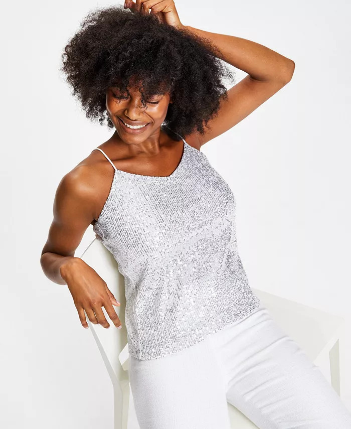 Women's V-Neck Sequin-Knit Cami Top | Macys (US)
