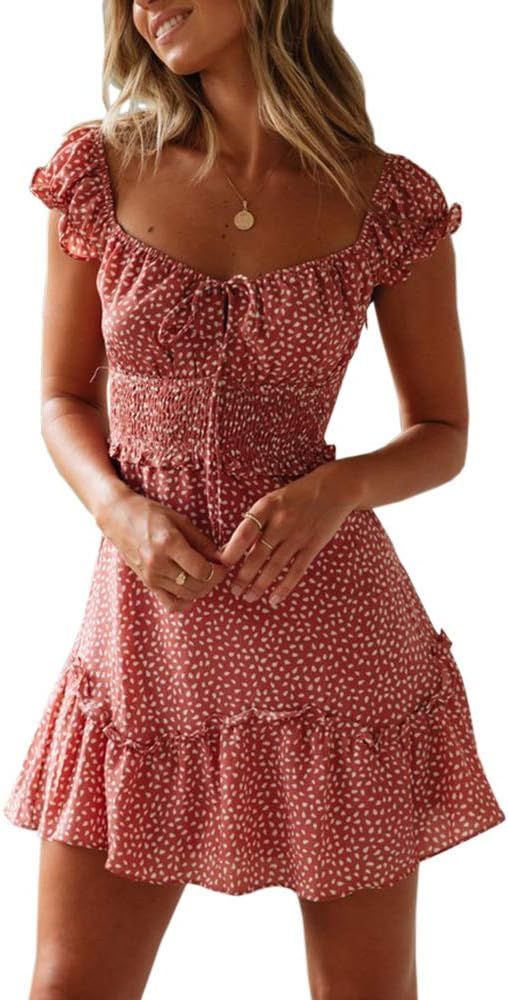 Womens Smocked Dress Ruffle Floral Tie Front Boho Short Dresses | Amazon (US)
