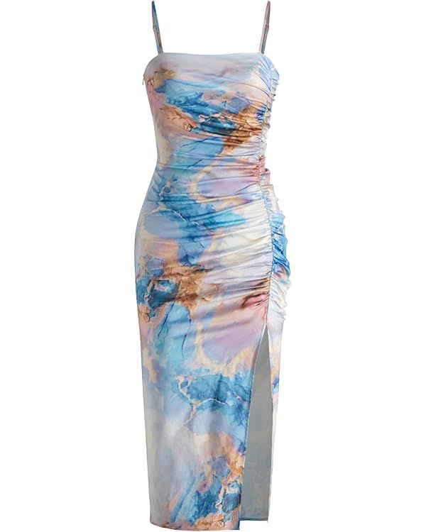 CIDER Solid Satin Ruched Split Midi Cami Dress | Amazon (US)