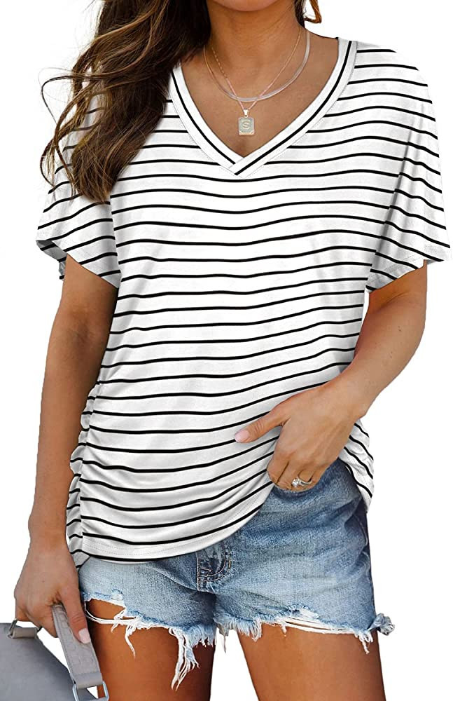 WIHOLL Womens Short Sleeve V Neck Dolman Tops with Side Shirring Loose Fit Shirts | Amazon (US)