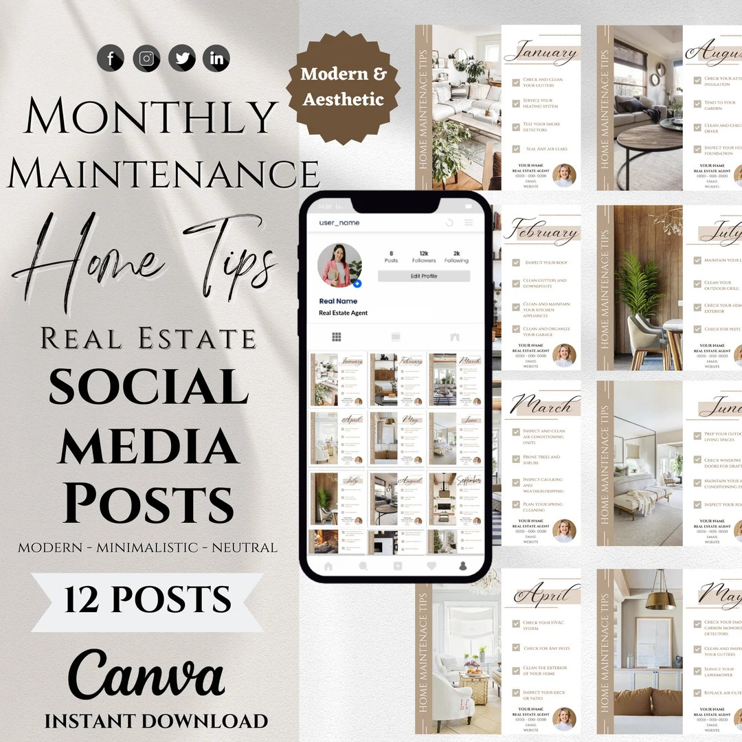 12 Monthly Maintenance Home Checklist Social Media Posts - Etsy | Etsy (US)