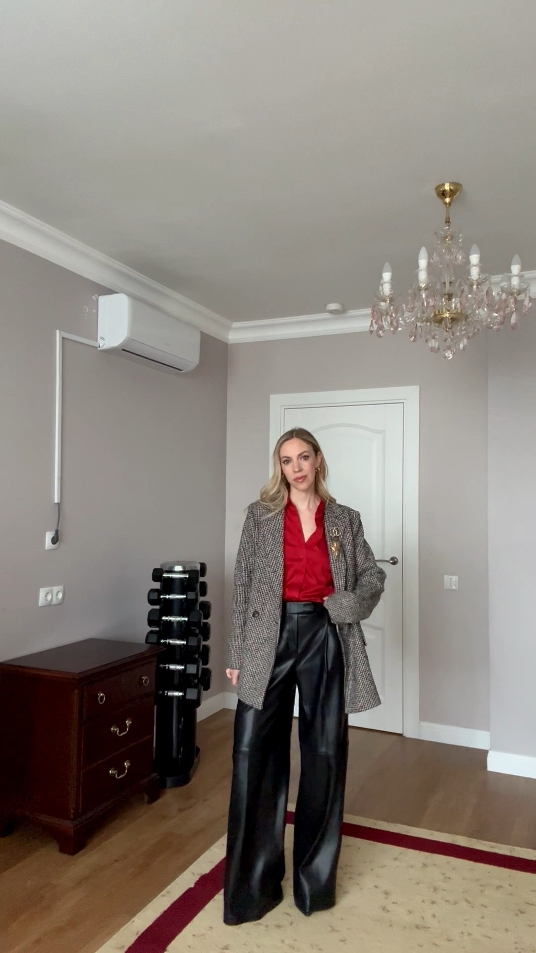 Holiday workwear outfit, holiday office looks, tweed blazer, red blouse, faux leather wide leg pants, blazer with brooch pins 

#LTKHoliday #LTKWorkwear #LTKFindsUnder100