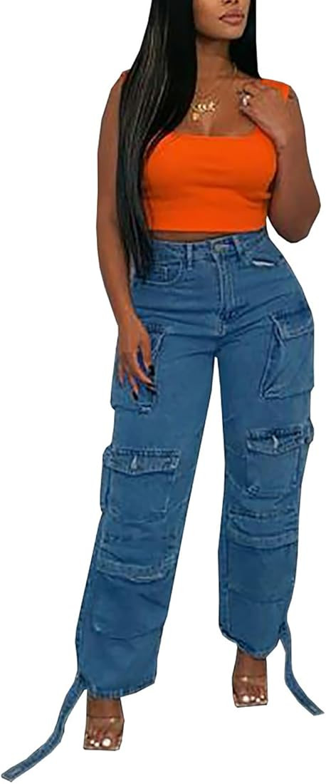 LKOUS Women's Y2K Baggy Straight Wide Leg Cargo Jeans, Streetwear High Waisted Denim Pant | Amazon (US)