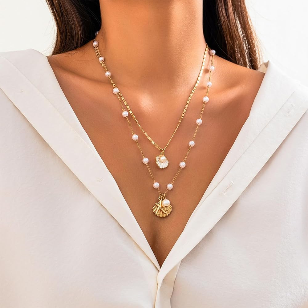 Gold Sea Shell Necklace Layer Charm Necklace for Women Boho Summer Seashell Beach Starfish Neckla... | Amazon (US)