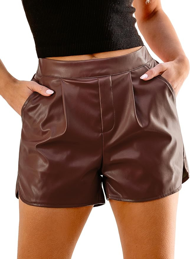 luvamia Faux Leather Shorts for Women High Wasited Pull On Pleated Side Slit Pleather Shorts with... | Amazon (US)