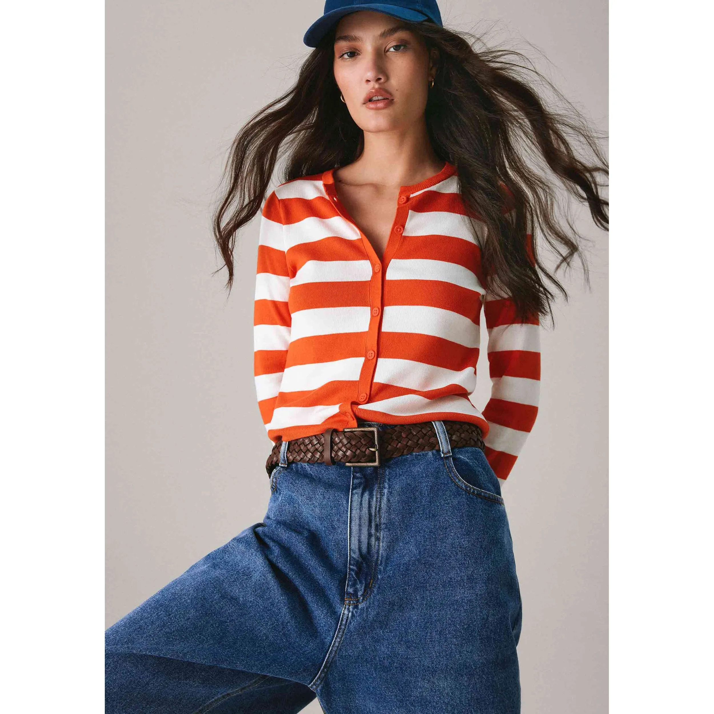 Cardigan Feminino Em Tricô Listrado - Laranja | Hering (BR)