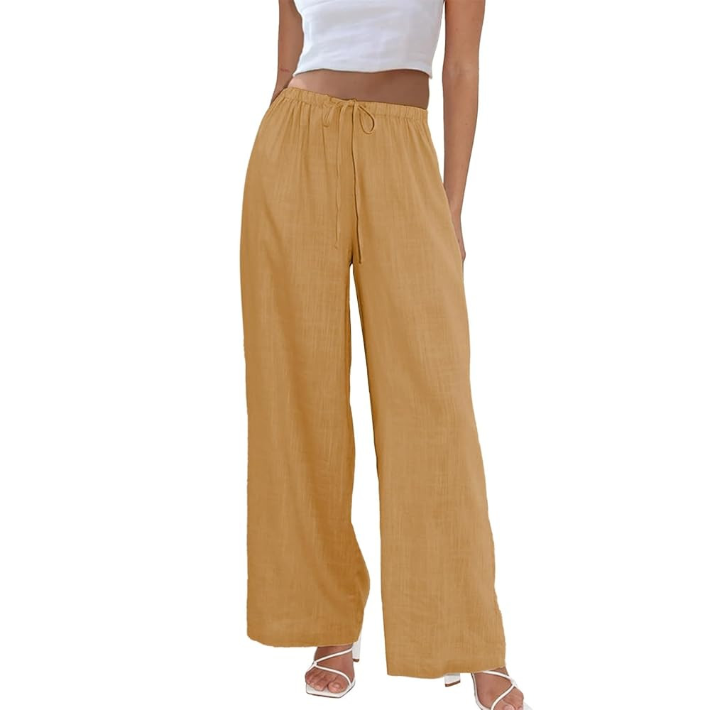 Duyang Womens Cotton Linen Palazzo Pants Drawstring Elastic Waist Casual Wide Leg Trousers with P... | Amazon (US)