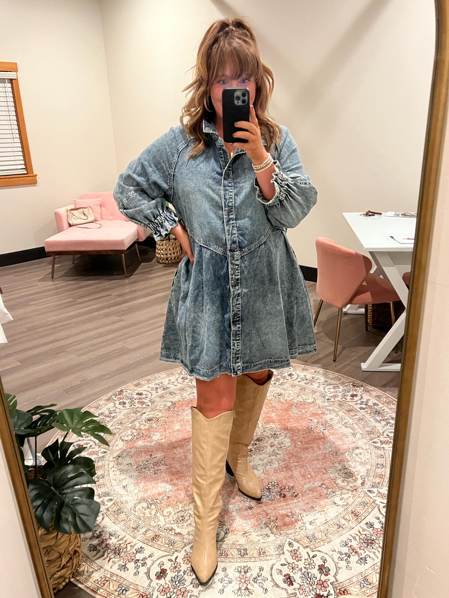 The most perfect Free People denim mini dress. With subtle puff sleeves and raw hemlines. Comes in multiple washes. Sizes are selling out quick! I’m wearing a size large. I could possibly size down to a medium for a tighter fit. 

Free people, mini dress, denim dress, fall dresess 

#LTKSeasonal #LTKcurves #LTKHoliday