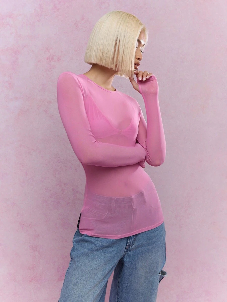 MISSGUIDED Rave Sheer Mesh Thumb Hole Long Sleeve Boat Neck Top | SHEIN