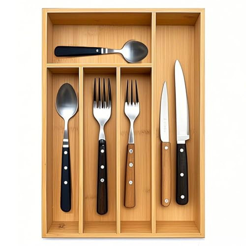 guiogc Kitchen Bamboo Silverware Drawer Organizer，Silverware Organizer and Cutlery Tray with Grooved Drawer Dividers for Silverware, Knives in Kitchen, Bedroom (5 Slot-Natural) | Amazon (US)