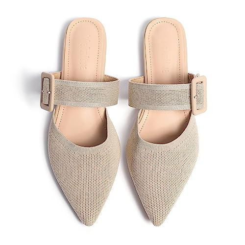 Meknitva Pointed Toe Mules for Women Flats，Slip On Mules Backless，Wide Width Mules， Mule Slides for Women Flats Sandals Beige Size 8 | Amazon (US)