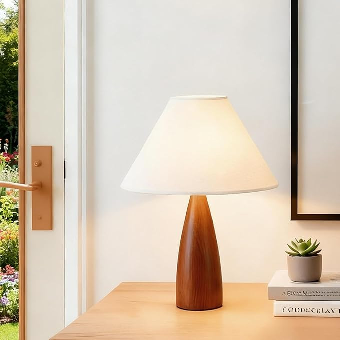 Bedside Table Lamp 16.3" Nightstand Lamp with Solid Wood Base & Linen Lampshade, Farmhouse Lamp H... | Amazon (US)