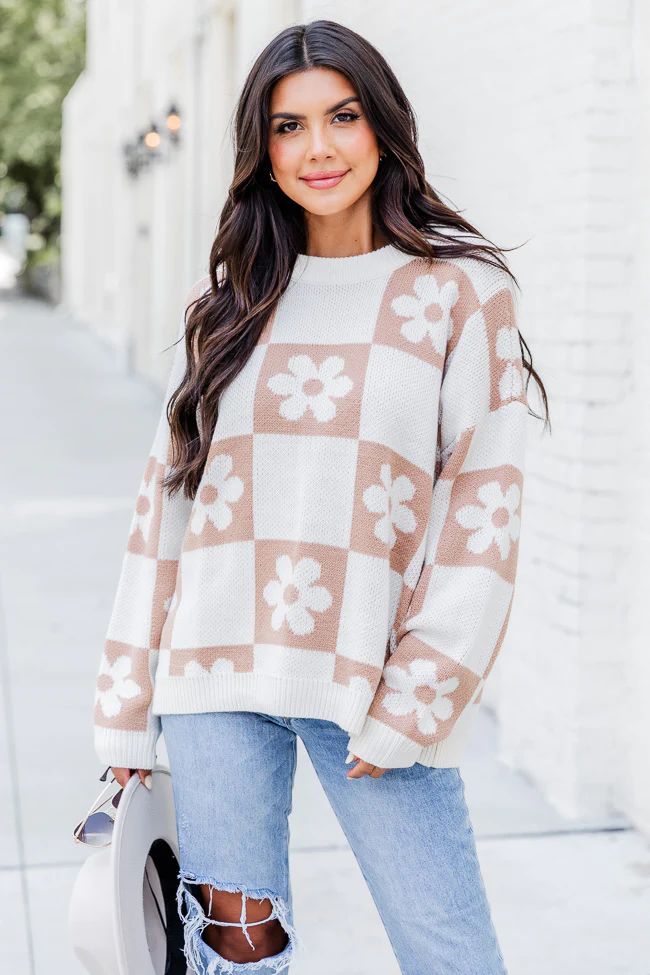 Found A New Way Tan Checkered Flower Sweater | Pink Lily