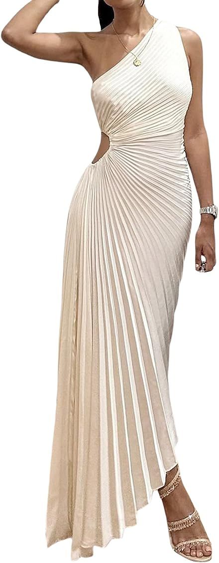 Women Elegant One Shoulder Pleated Midi Dress Sleeveless Flowy Slim Fit Side Cut Out Party Guest ... | Amazon (US)