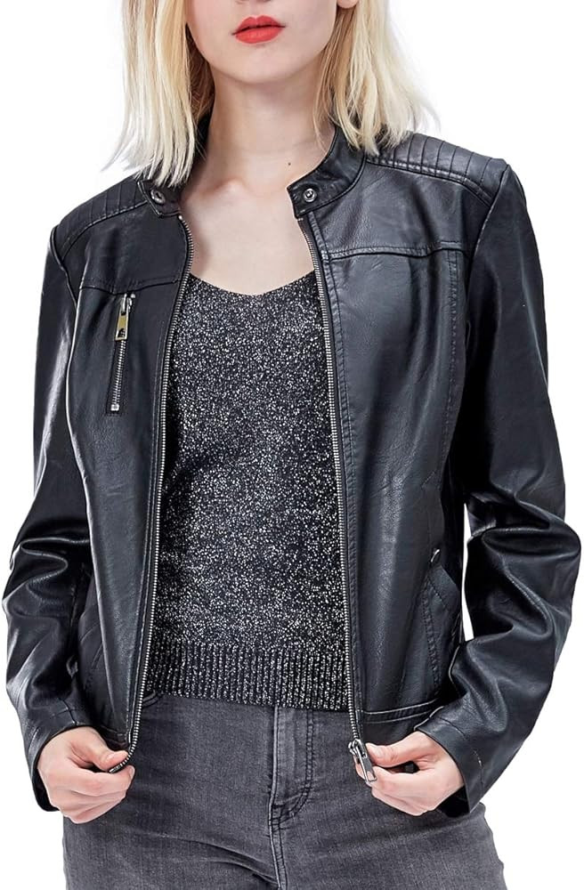 Women's Faux Leather Jackets, Zip Up Motorcycle Short PU Moto Biker Outwear Fitted Slim Coat | Amazon (US)