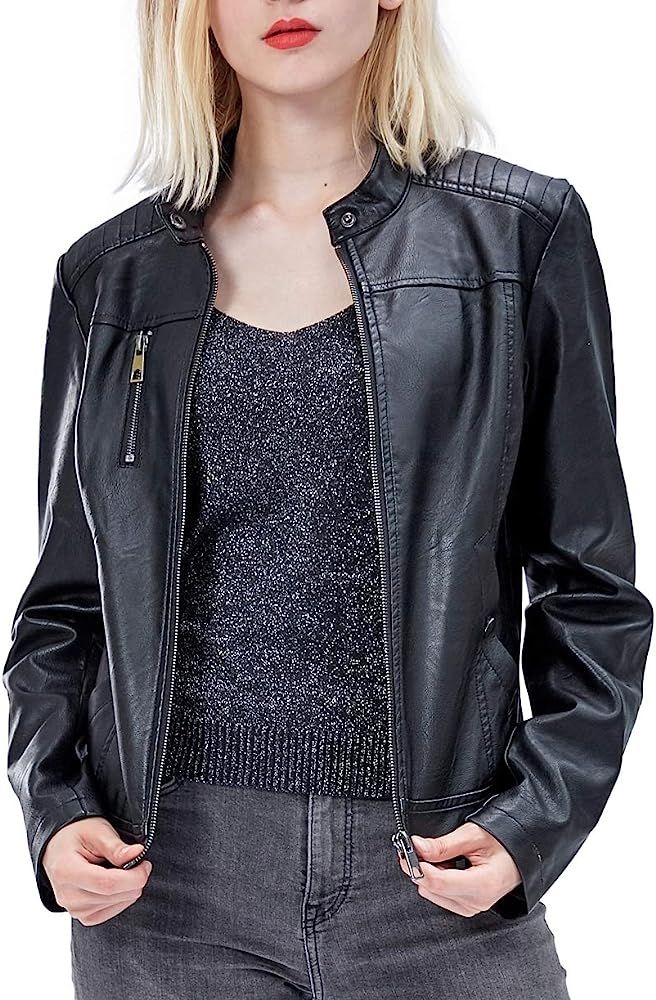 Women's Faux Leather Jackets, Zip Up Motorcycle Short PU Moto Biker Outwear Fitted Slim Coat | Amazon (US)