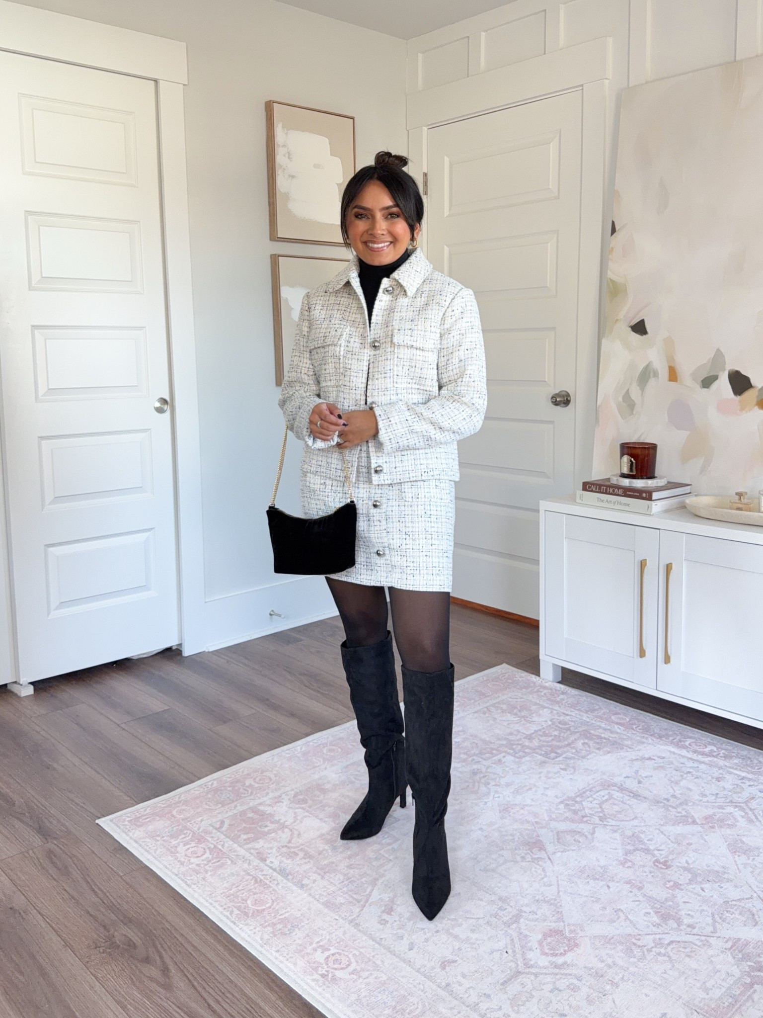 White and black tweed jacket size xxs regular TTS
White and black tweed skirt size 2 petite TTS
Black turtleneck size xxs regular TTS
Black boots size 5.5 TTS

#LTKSaleAlert #LTKHoliday #LTKPetite