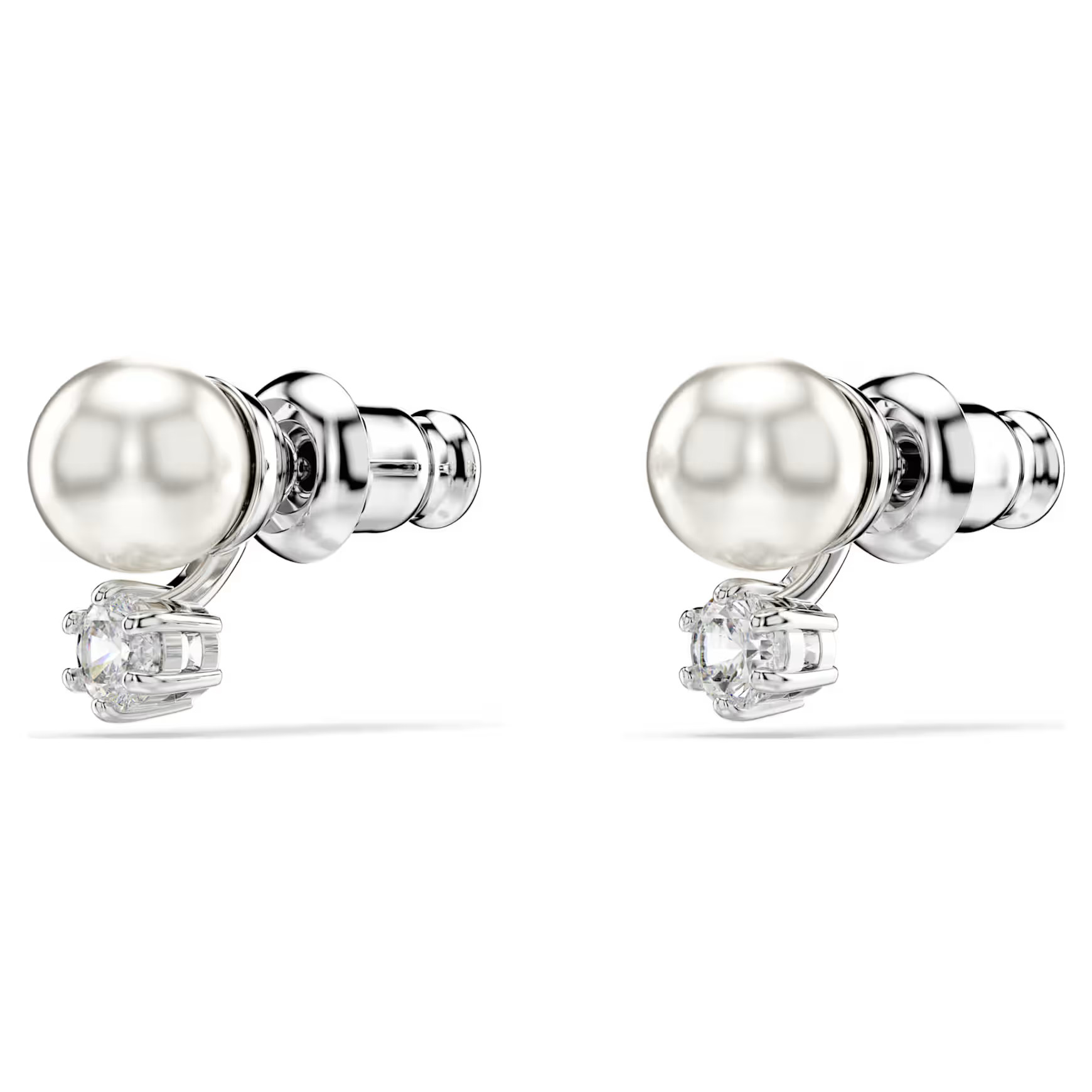 Matrix stud earrings, Crystal pearl, Round cut, White, Rhodium plated by SWAROVSKI | SWAROVSKI