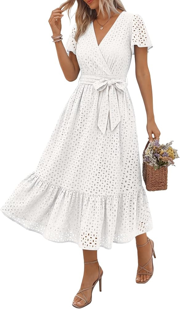 LILLUSORY Womens Summer Midi Dress Short Sleeve V Neck Hollow Out Eyelet A Line Long Flowy Vacati... | Amazon (US)