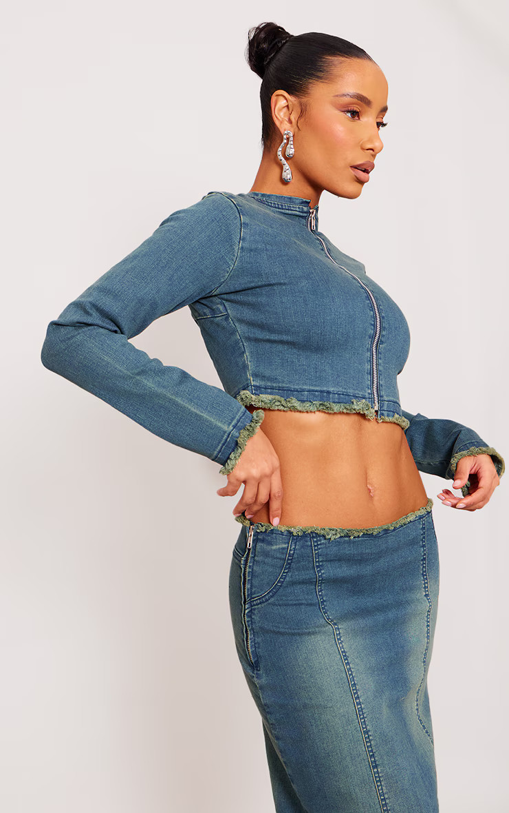 Indigo Blue Wash Raw Hem Long Sleeve Denim Top | PrettyLittleThing US