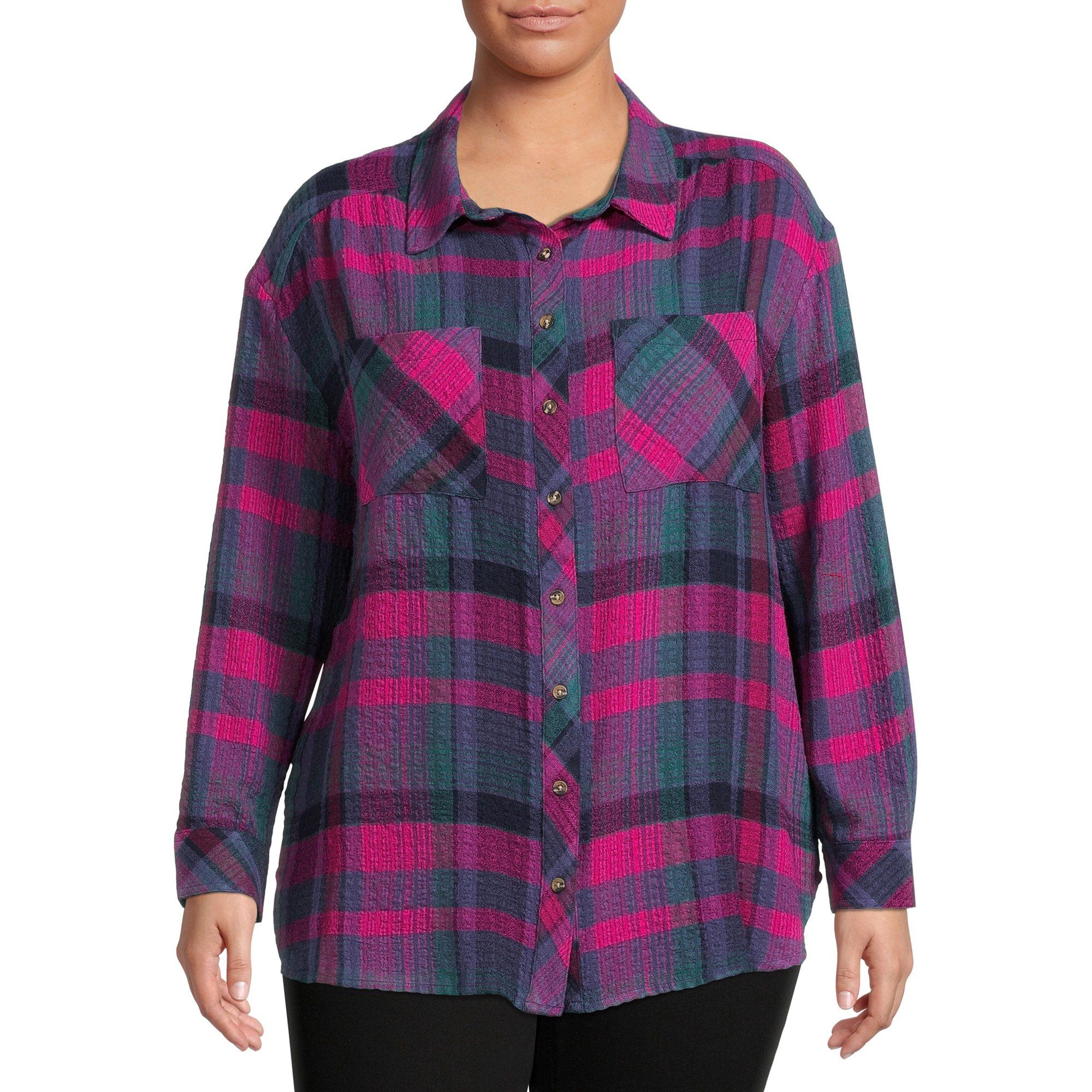 Terra & Sky Plus Size Button Front Long Sleeve Plaid Shirt | Walmart (US)