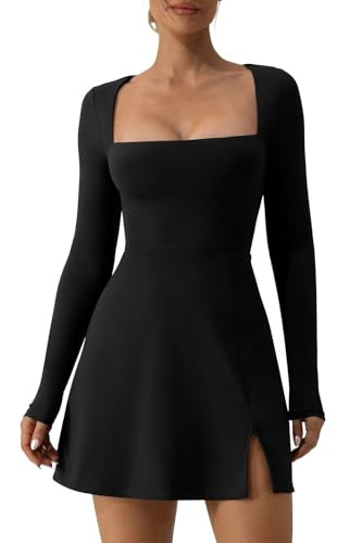 QINSEN Square Neck Long Sleeve Flare Dress with Side Slit for Women Elegant Mini Dress for Casual... | Amazon (US)