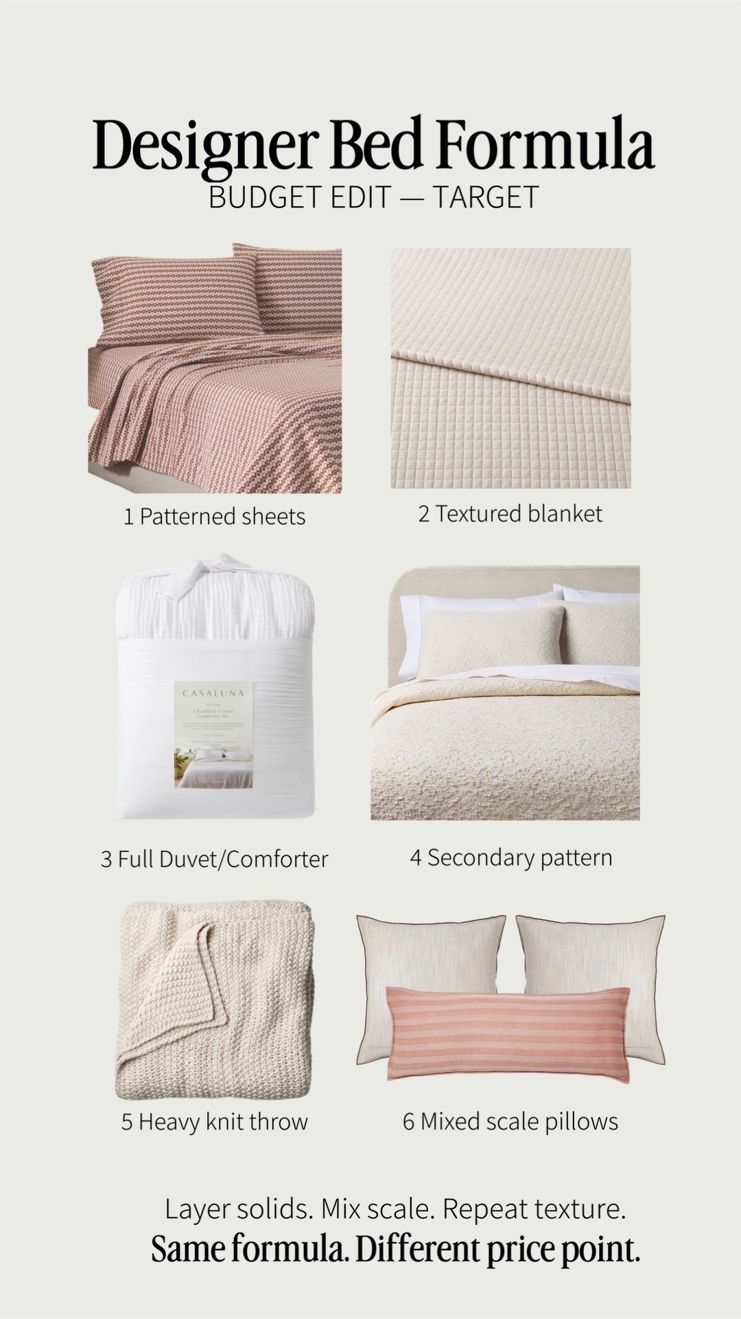 Designer Bed Formula — Budget Edit (Target)

Same layering formula, different price point. These pieces follow the exact structure I use to create a full, designer-looking bed: patterned base, textured layer, full duvet insert, secondary pattern, heavy knit throw, and mixed-scale pillows.

You can absolutely create depth and interest using mostly solids — the layering order is what makes it feel finished.

Everything linked here.


#LTKSaleAlert #LTKHome