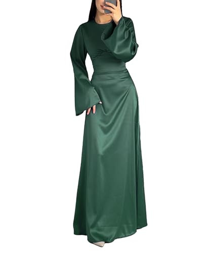 xxxiticat Women's Silk Satin Long Dress Long Sleeve Round Neck Back Lace Up Bandage Tie Wedding Party Maxi Dresses(DN,L) Green | Amazon (US)