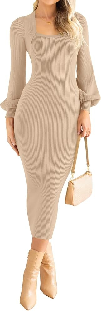 Women's 2023 Square Neck Sweater Dress Puff Long Sleeve Slim Fit Bodycon Fall Winter Ribbed Knit ... | Amazon (US)