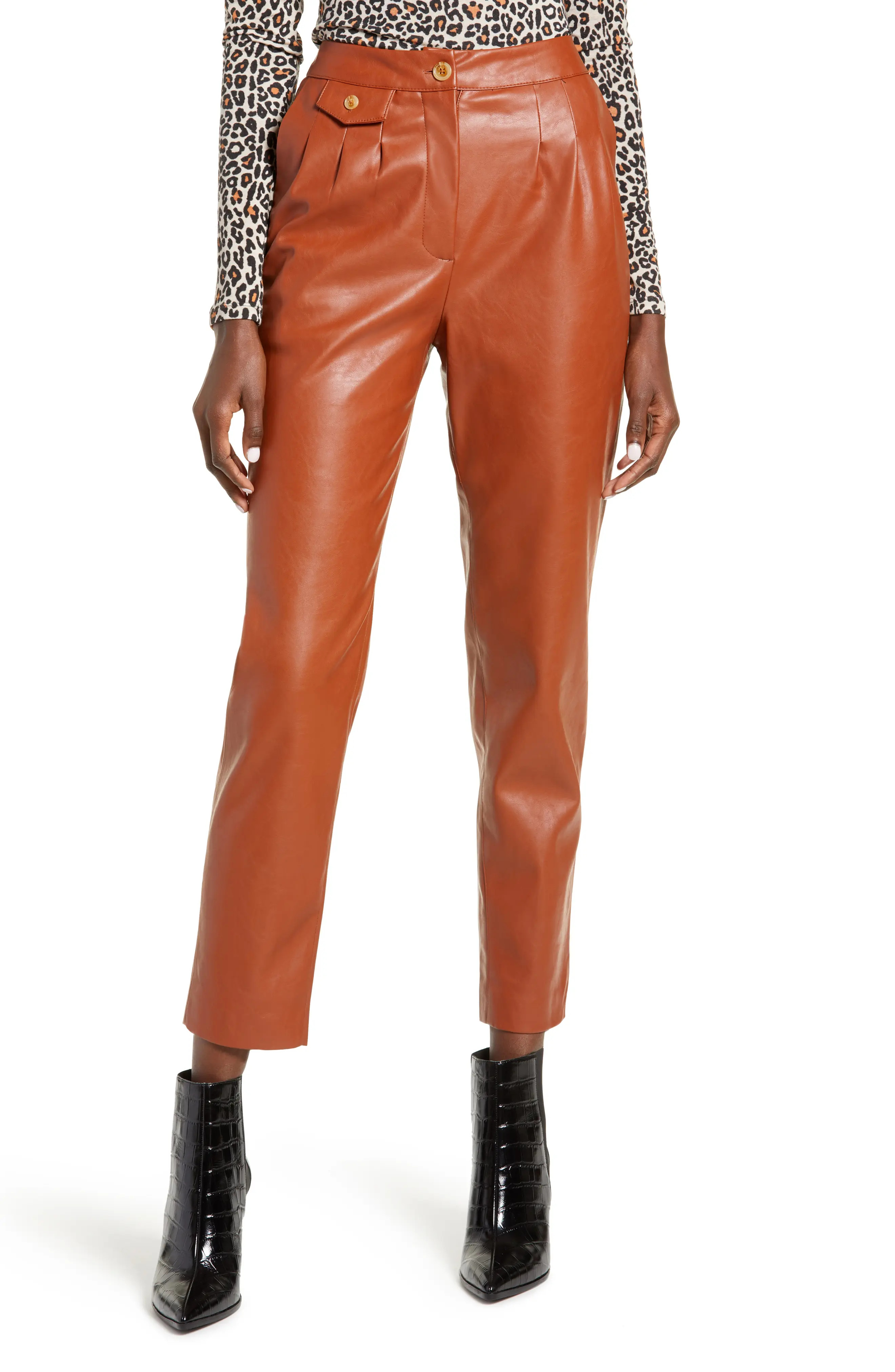 Women's Blanknyc Faux Leather Pleated Trousers, Size 26 - Brown | Nordstrom