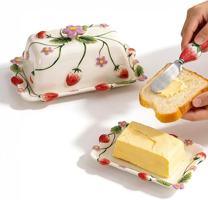 Strawberry Embossed Butter Dish with Lid - Ceramic Butter Keeper with Knife, Hand-Painted Undergl... | Amazon (US)