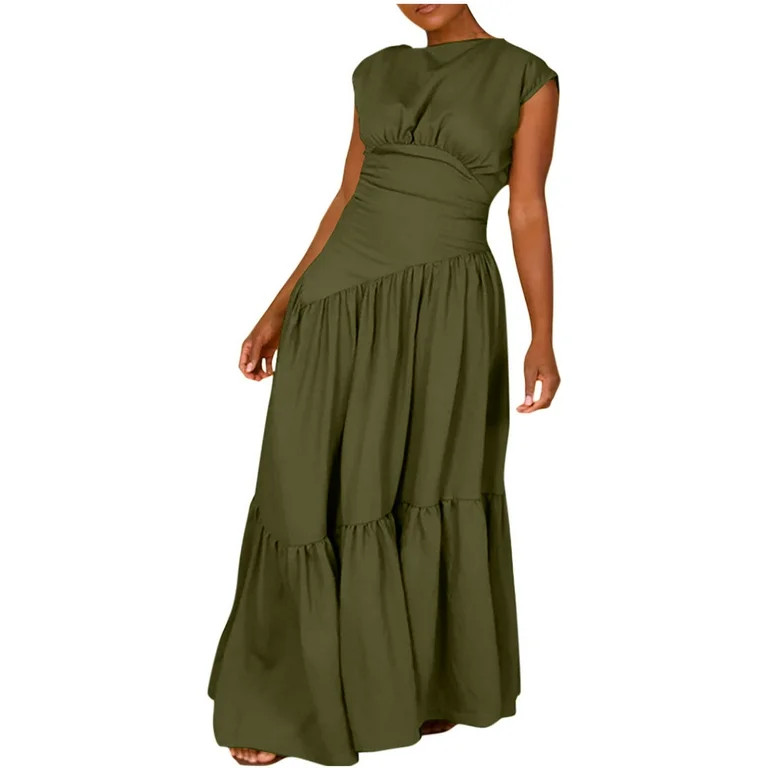 ZQUUVOU Women's Dress Sleeveless Solid Color Round Neck Maxi Dress Olive Green,3XL | Walmart (US)