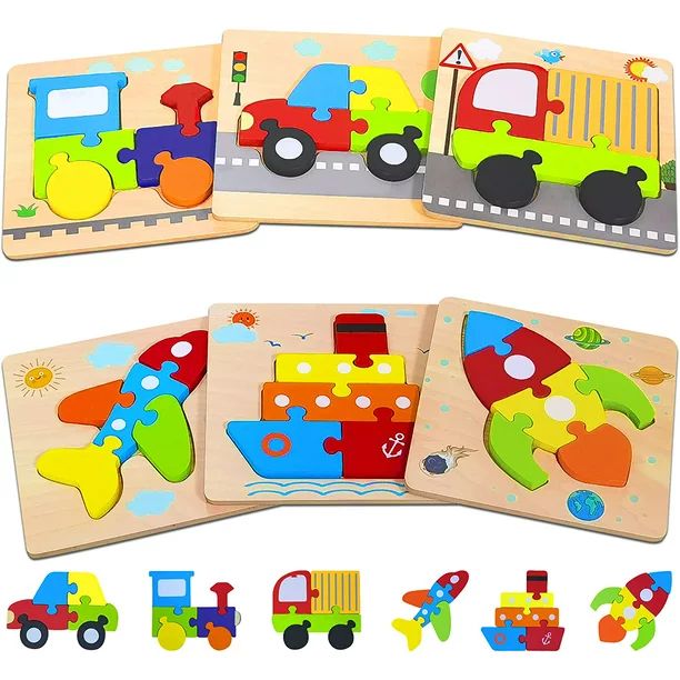 Wooden Toddler Puzzles Gifts Toys for 1 2 3 Years Old Boys Girls, 6 Vehicle Shape Jigsaw Montesso... | Walmart (US)