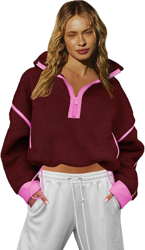 LAMISSCHE Half Zip Sweatshirt Women Oversized Sherpa Jacket V Neck Fleece Pullover Hoodie with Po... | Amazon (US)