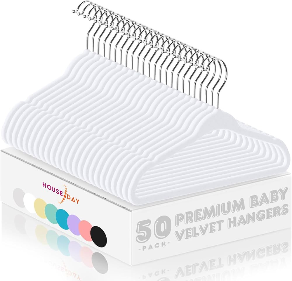 HOUSE DAY 11 Inch Velvet Baby Hangers 50 Pack White, Premium Kids Hangers for Children, Infant & ... | Amazon (US)