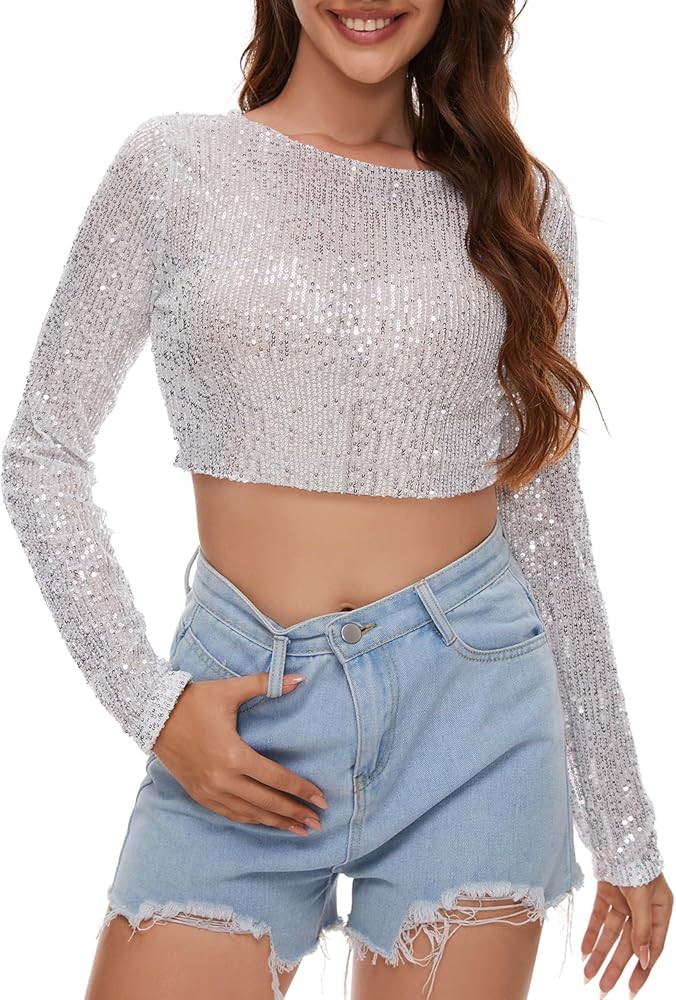 Sequin Crop Top Long Sleeve Sequin Top Sparkle Crop Top for Disco Rave Concert Party | Amazon (US)