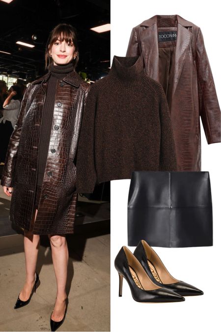Recreating Anne Hathaways classic look 🤍 brown croc coat, brown sweater, black leather skirt and sleek black pumps 

#LTKfit #LTKstyletip #LTKFind