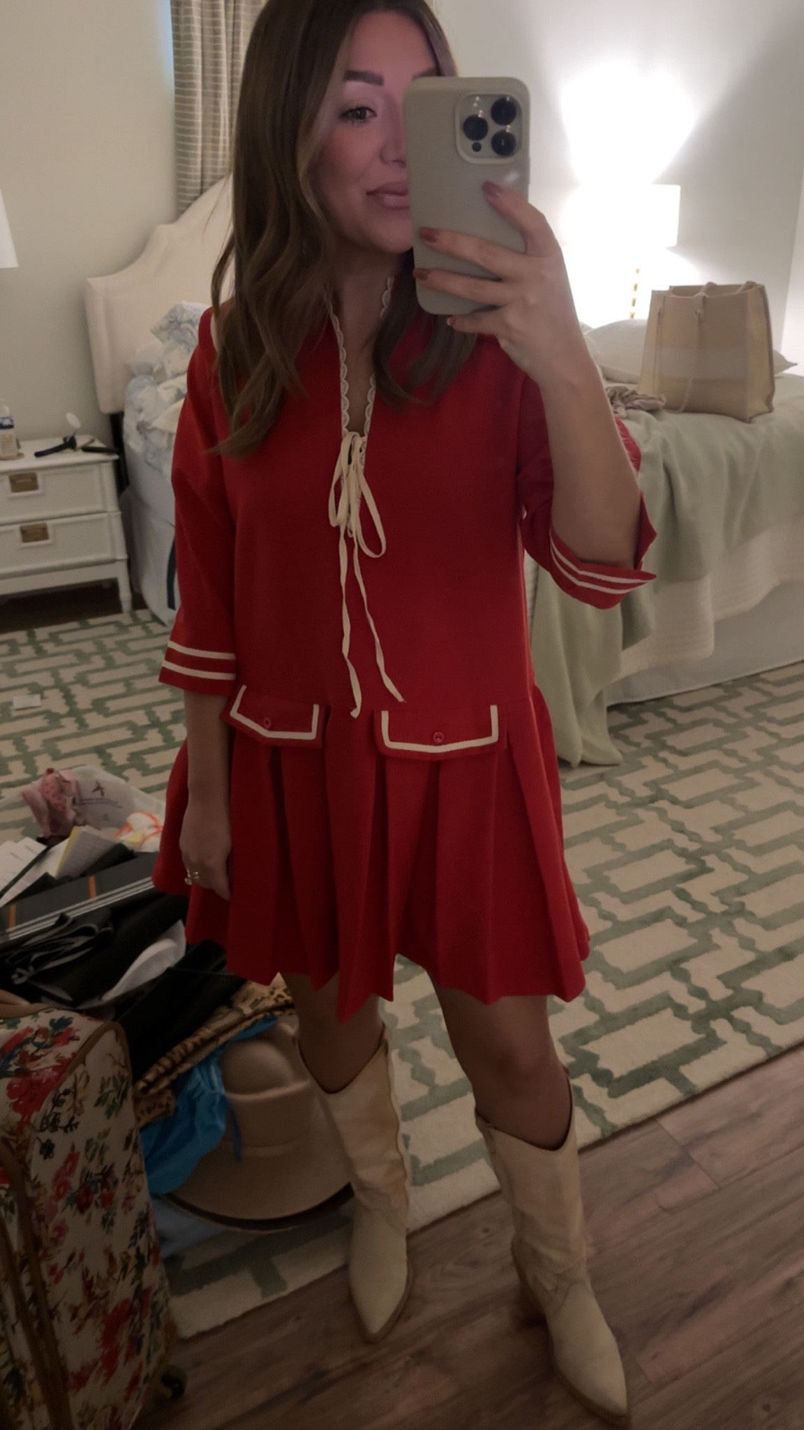 The most precious #Amazon dress for the fall and holiday season! Comes in multiple colors and runs true to size! I’m in the small 🫶🏻🫶🏻 

#amazondress #reddress #tiefrontdress #holidaydress #everydaydress #collareddress #pleateddress #ltkunder50