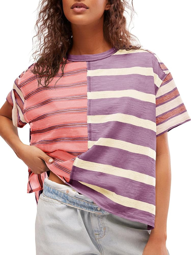 Tankaneo Womens Summer Striped Shirts Casual Color Block Short Sleeve Tops Loose Fit Crew Neck Te... | Amazon (US)