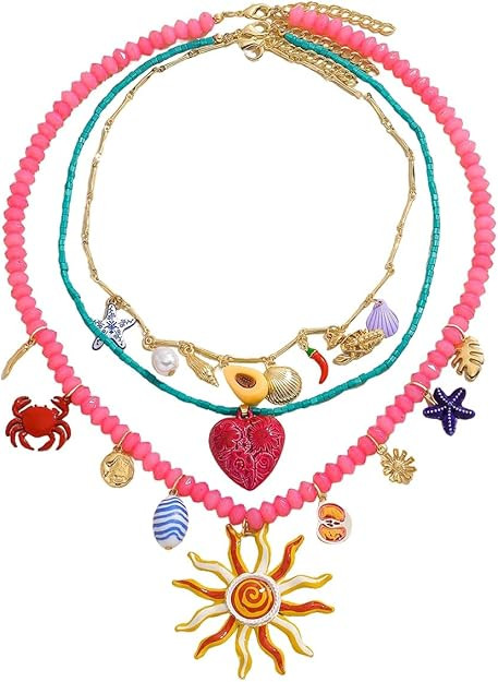 Bohemian Beaded Necklace for Women, Sun Sea Star Crab Shell Heart Pendant Necklace, Multichain Se... | Amazon (US)