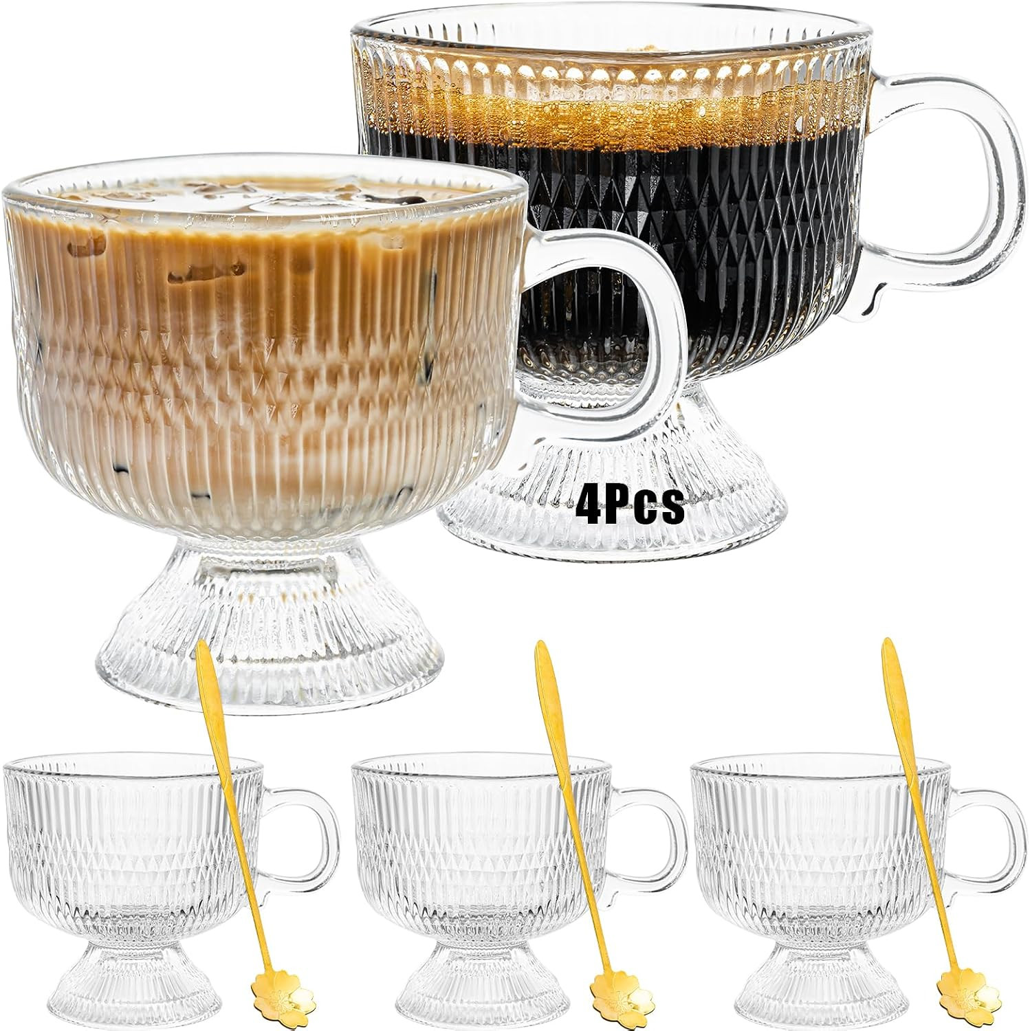 DouxVer Vintage Espresso Cups with Handle & Spoon Set of 4, 7.8 Oz Vintage Coffee Mugs, Ribbed Glass Coffee Cups, Clear Tea Cup for Hot/Cold Beverages, Glassware Set for Americano, Latte, Cappuccino | Amazon (US)
