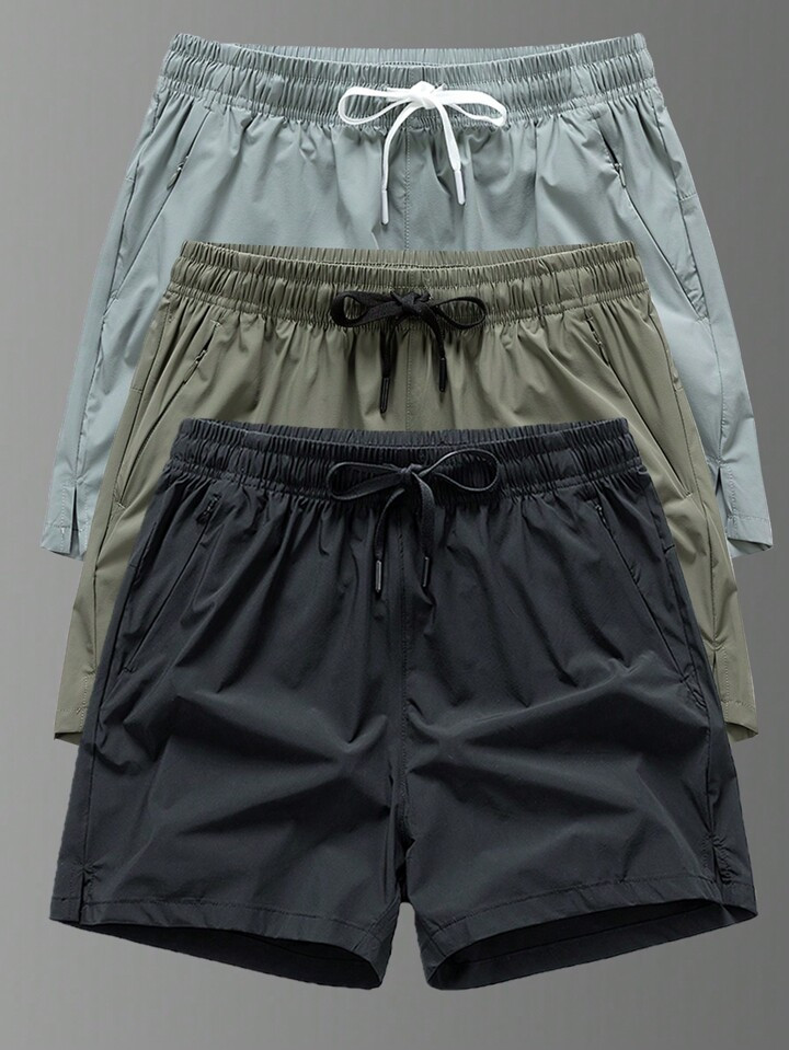 3pcs/Set Men's Solid Color Zippered Pocket Elastic Waterproof Quick-Drying Ice Silk Sport Shorts | SHEIN