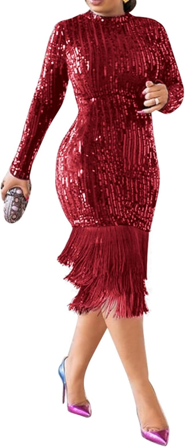 Cololura Sexy Elegant Women Sequin Long Sleeve Tassel Bodycon Midi Dress Party Evening Gown Forma... | Amazon (US)