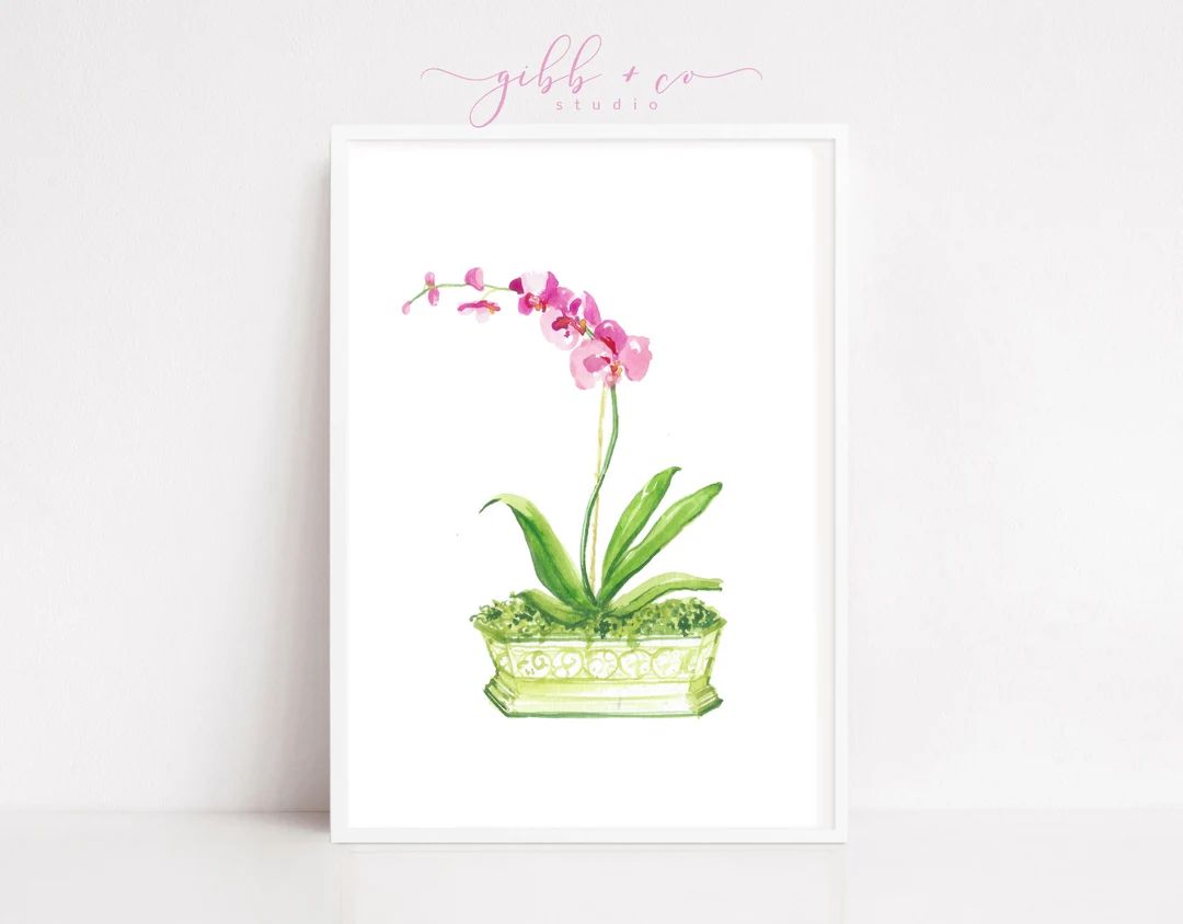 Pink Orchids Green Container Art Print Watercolor Art - Etsy | Etsy (US)