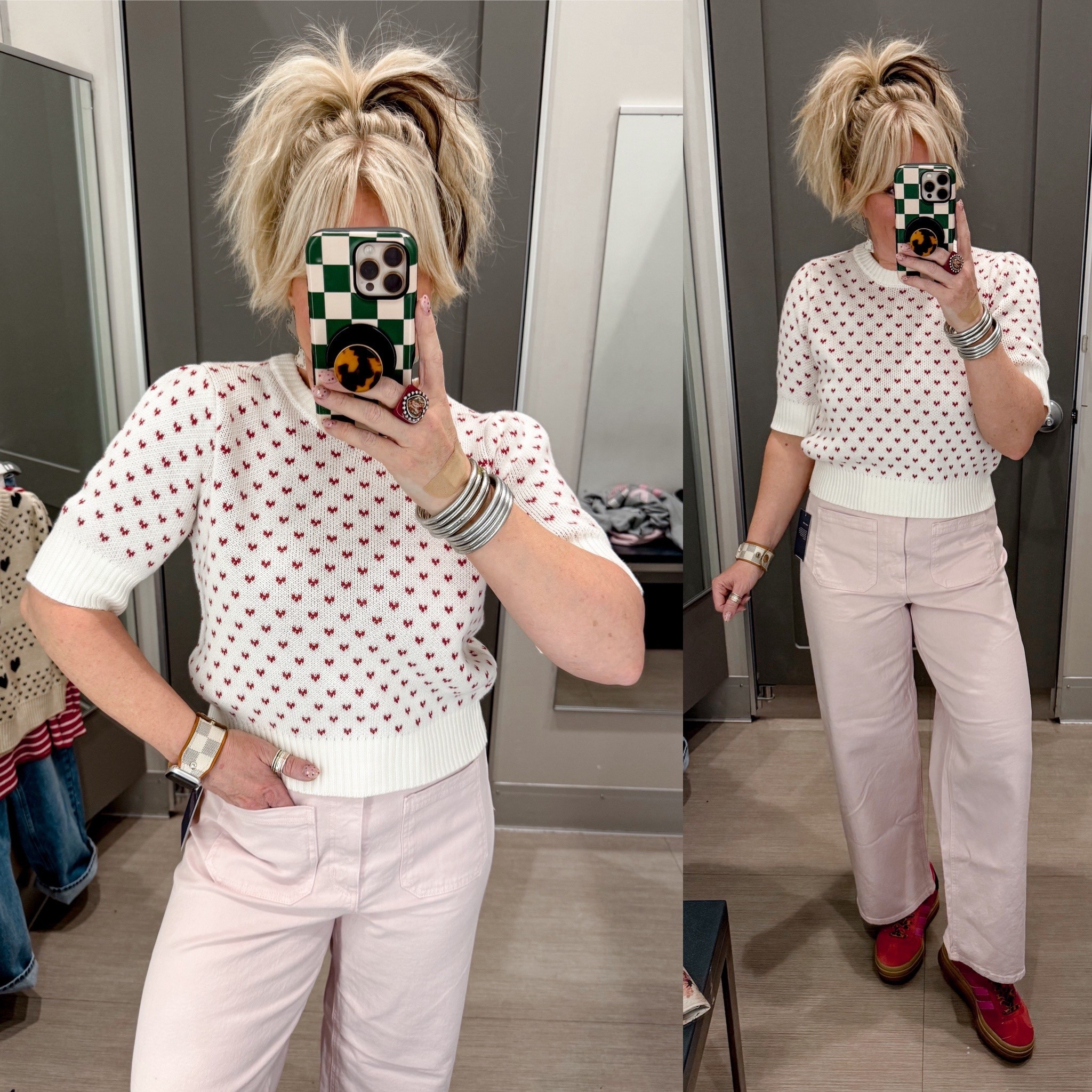 Wearing a medium in this heart sweater and sized up in the pink jeans 

#LTKOver40 #LTKFindsUnder50