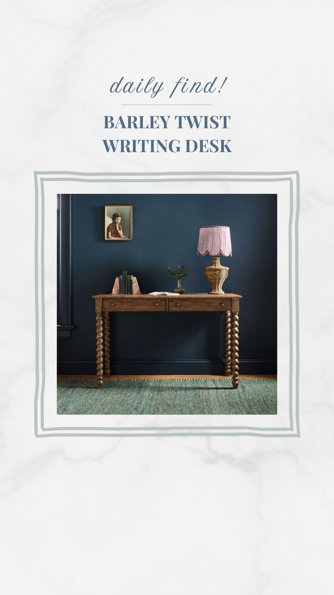 I’m going to start sharing a favorite find each day (or at least a few days a week!). These are pieces that stop me in my tracks and I hope you like them too! Today’s is a beautiful, English-inspired barley twist desk. This would be perfect as a console table as well with a couple of ottomans underneath. I’m hoping to use it like that in a client’s home that I’m working on now!