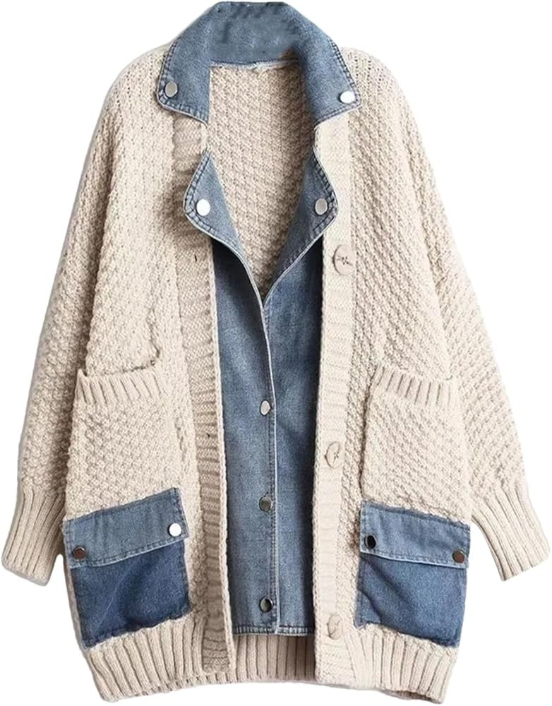 Jackets For Women Lapel Panels Denim Jacket Women Coats Loose Thick Sweater Knitted Cardigan Top | Amazon (US)