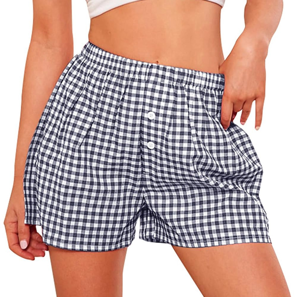 PRETTYGARDEN Womens Shorts Boxers 2025 Summer Gingham Pajama Lounge Sleep Y2K Plaid Pj Shorts Bea... | Amazon (US)